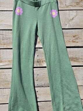 Wildfox Wide Leg Green Women's SWEATPANTS with Pink Flower Accents. SO SOFT